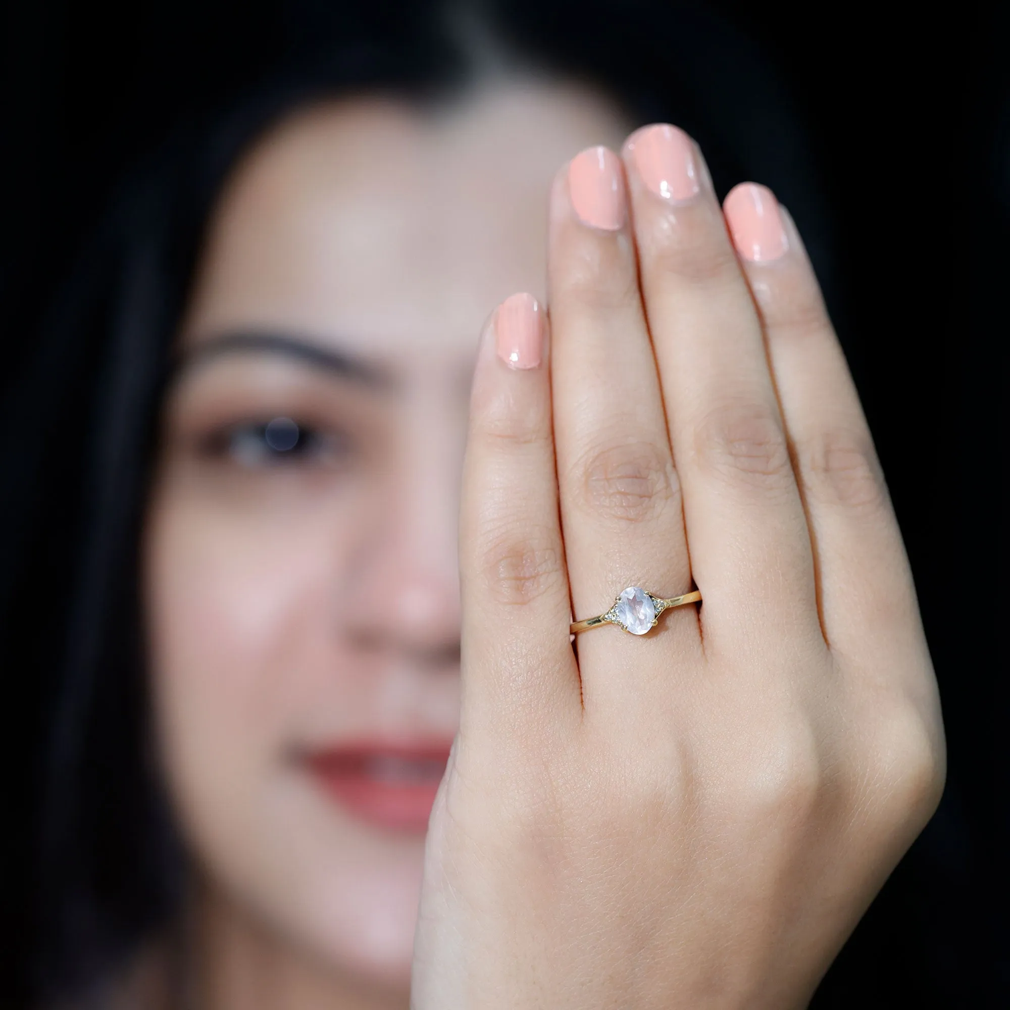 0.75 CT Oval Rose Quartz Solitaire Ring with Diamond Accent