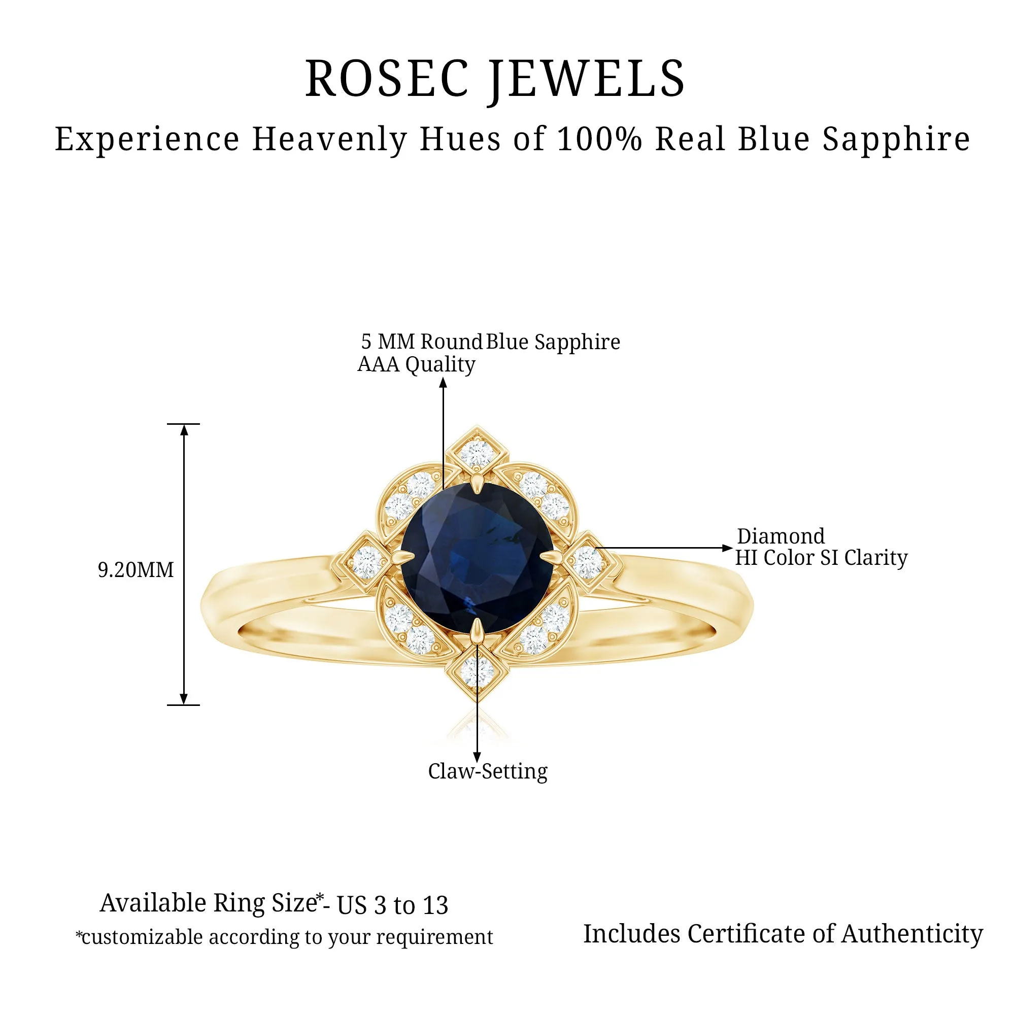 1 CT Vintage Blue Sapphire and Diamond Engagement Ring