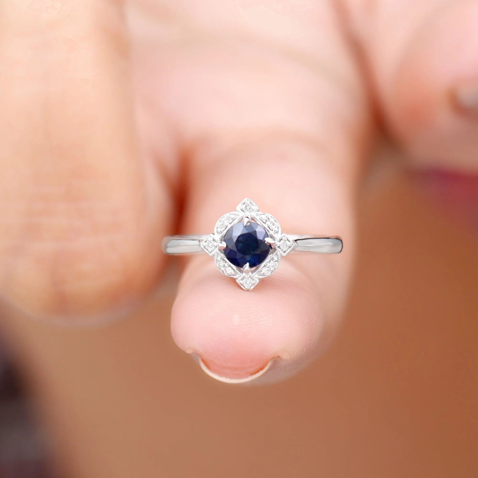 1 CT Vintage Blue Sapphire and Diamond Engagement Ring