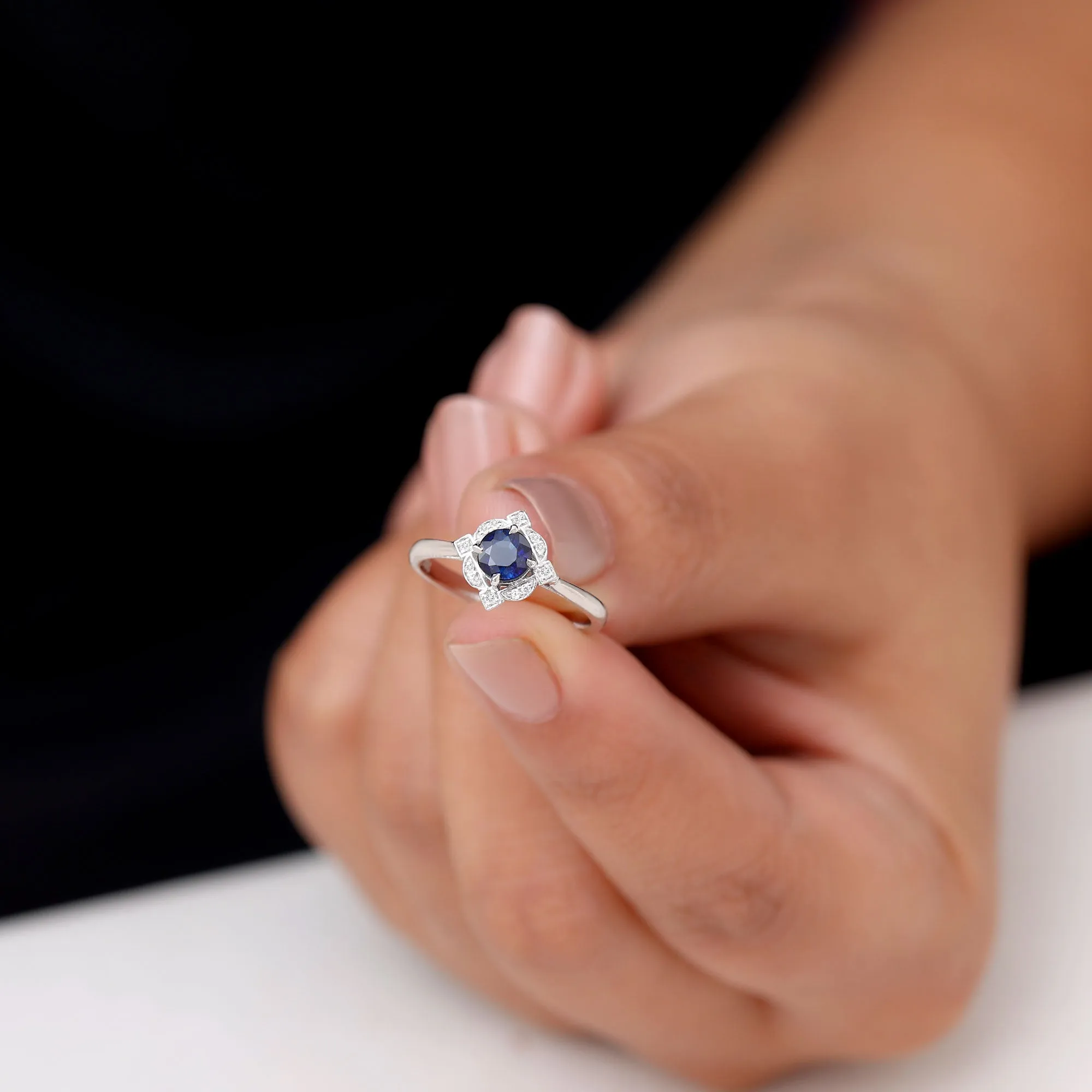 1 CT Vintage Blue Sapphire and Diamond Engagement Ring