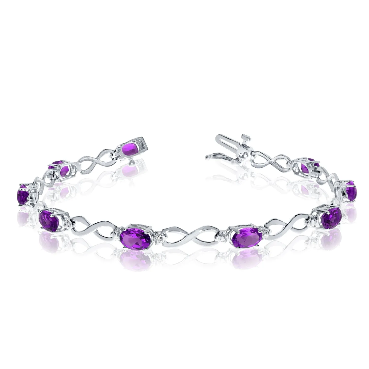 10K White Gold Oval Amethyst Stones And Diamonds Infinity Tennis Bracelet, 7"