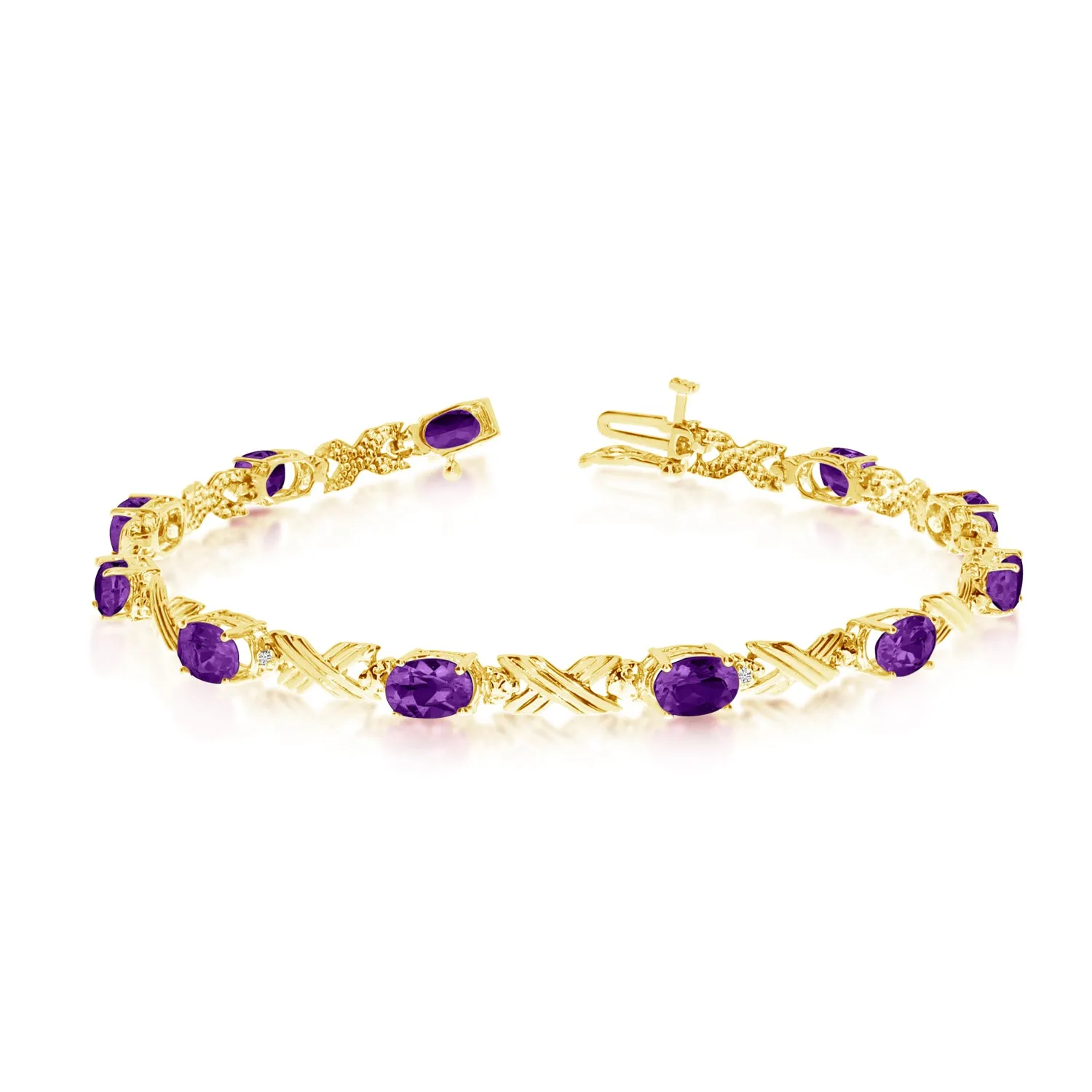 10K Yellow Gold Oval Amethyst Stones And Diamonds Tennis Bracelet, 7"