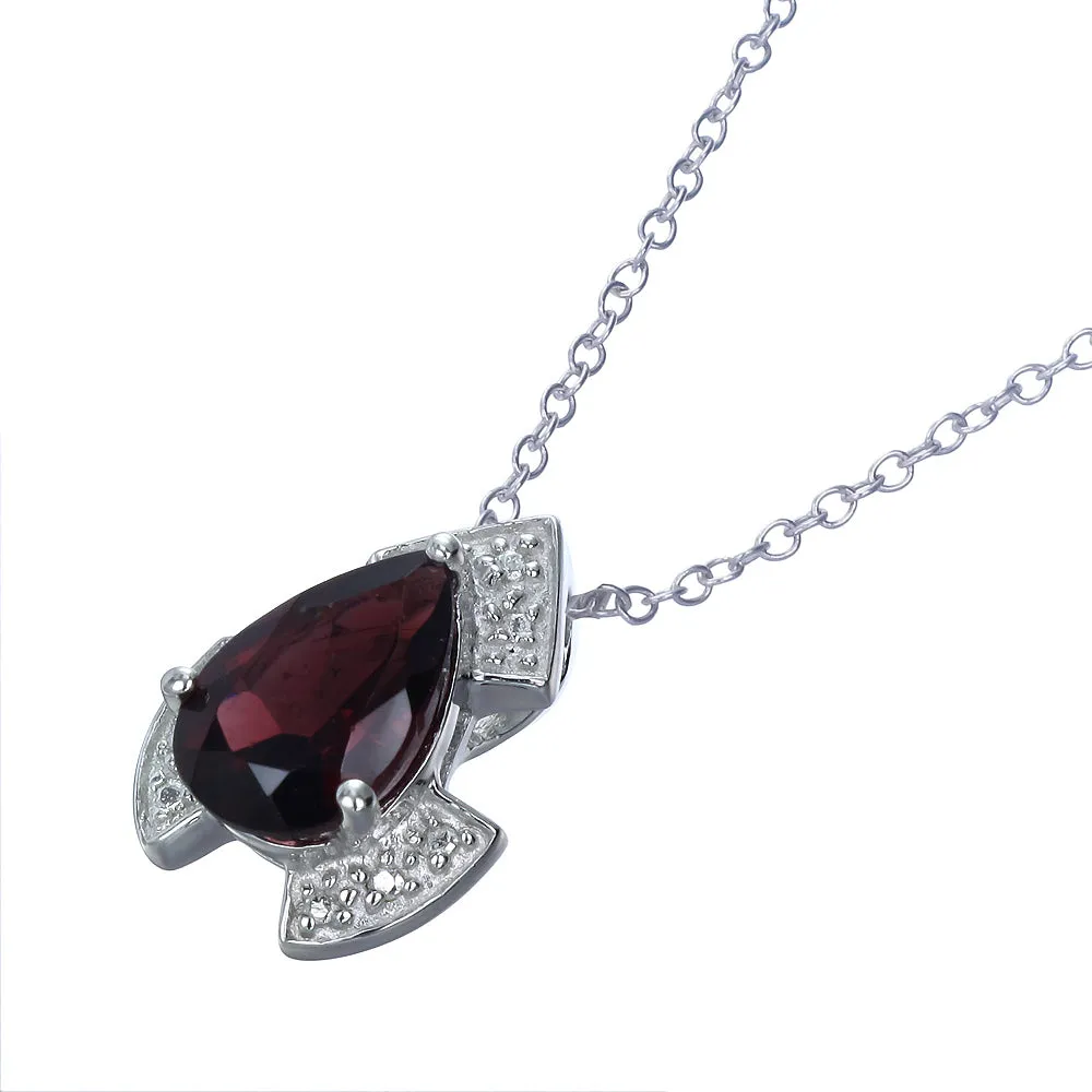 1.10 cttw Garnet Pendant Necklace .925 Sterling Silver With Rhodium 9x6 MM Pear