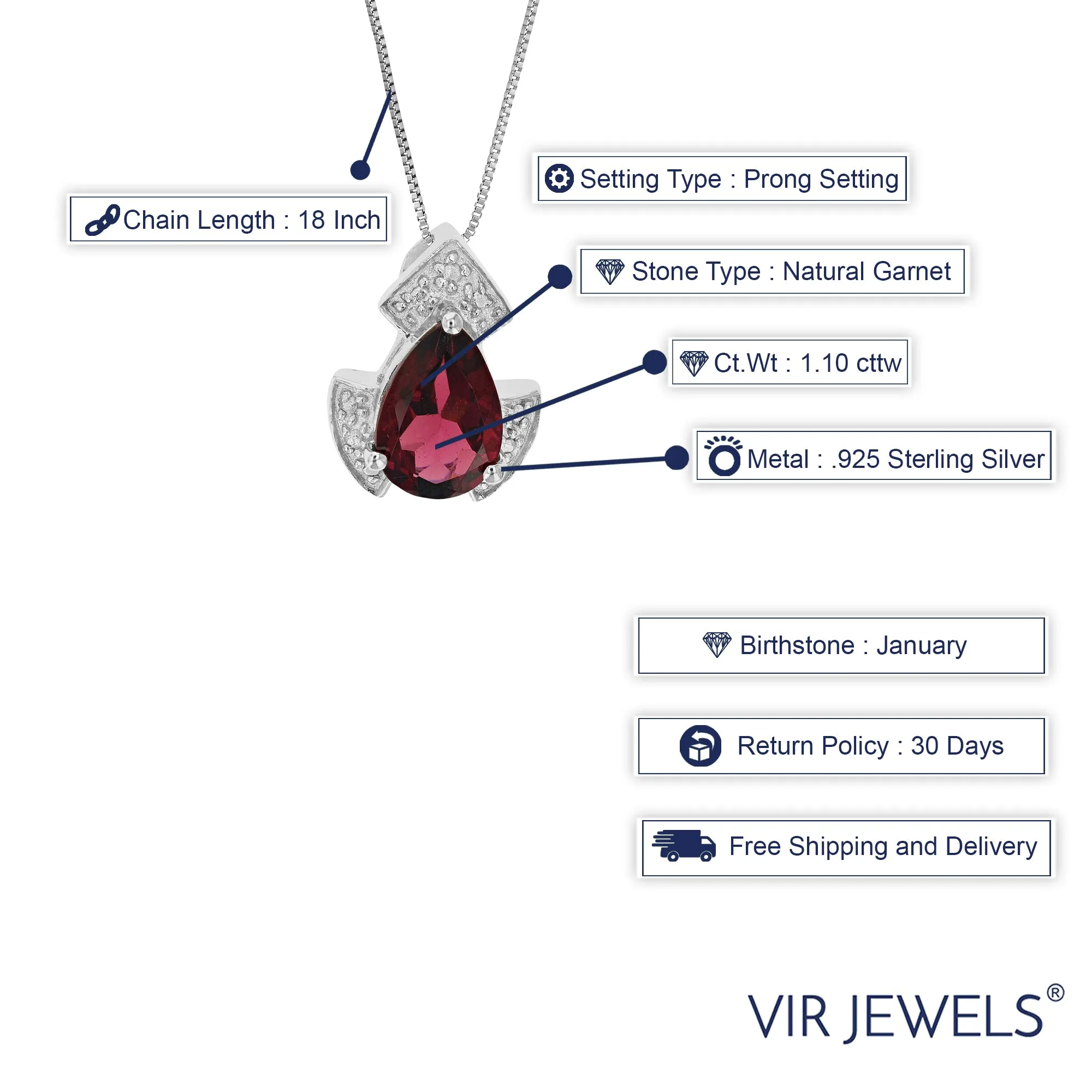 1.10 cttw Garnet Pendant Necklace .925 Sterling Silver With Rhodium 9x6 MM Pear