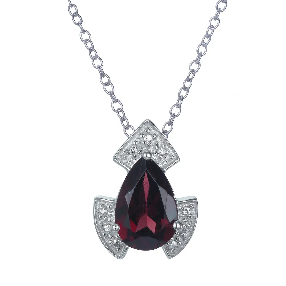 1.10 cttw Garnet Pendant Necklace .925 Sterling Silver With Rhodium 9x6 MM Pear