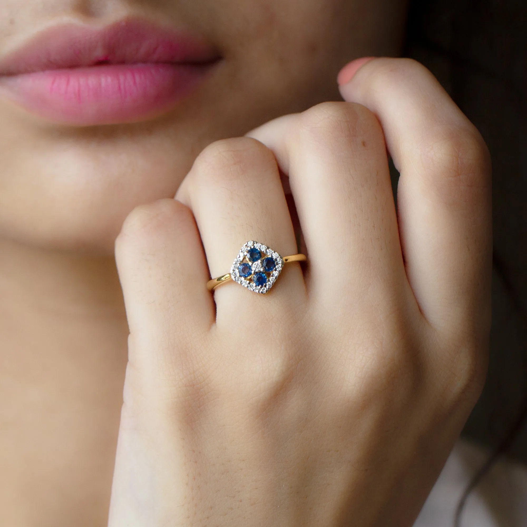 1/2 CT Blue Sapphire Cluster Ring with Diamond Accent