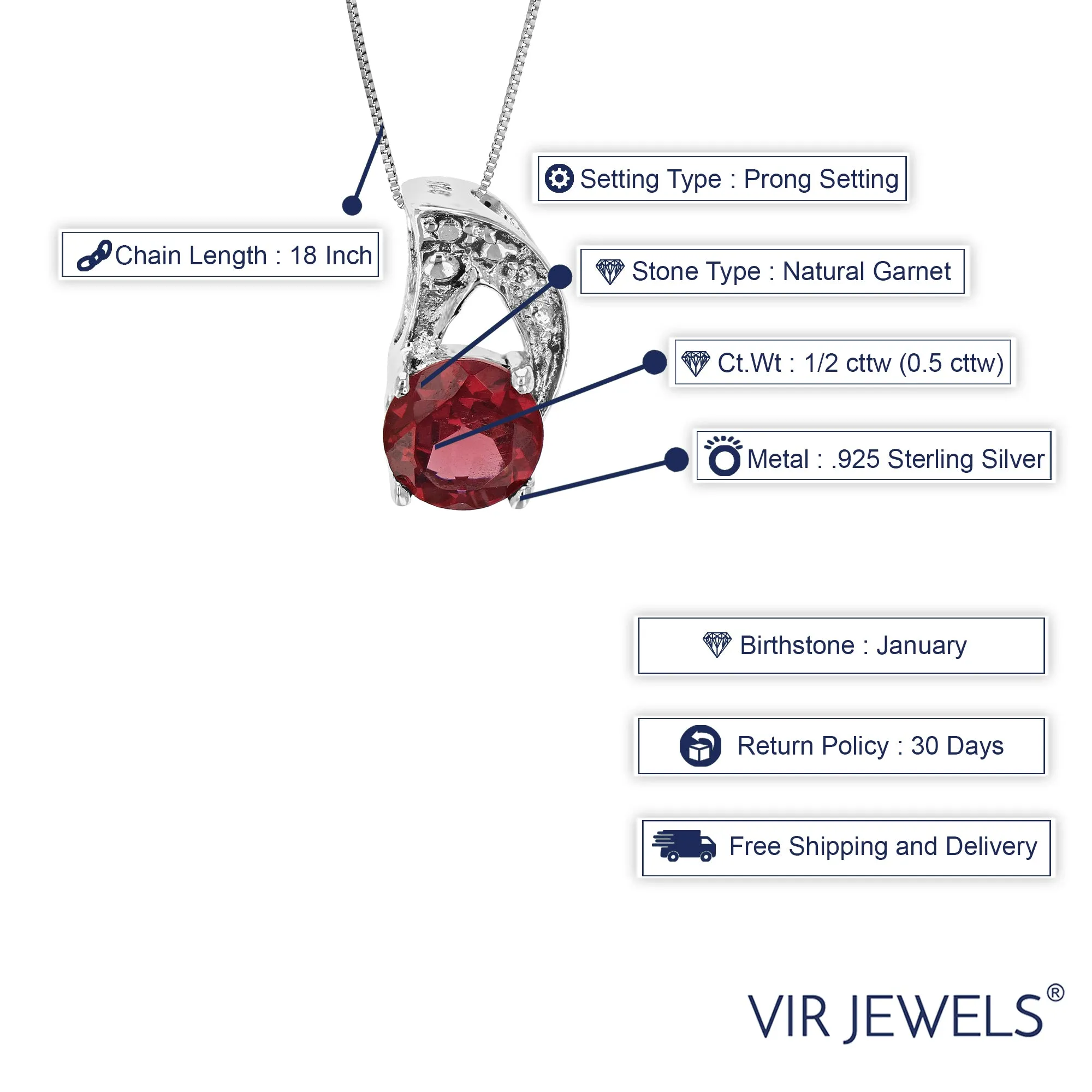 1/2 cttw Pendant Necklace, Garnet Pendant Necklace for Women in .925 Sterling Silver with Rhodium, 18 Inch Chain, Prong Setting