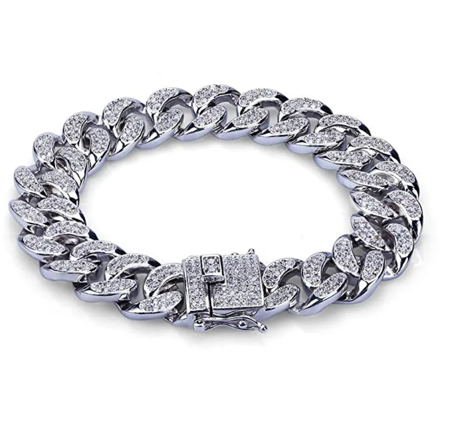 12mm Triple Lock Silver Gold Color Cuban Link Chain Bracelet Simulated Diamond Men's Hip Hop Bracelet