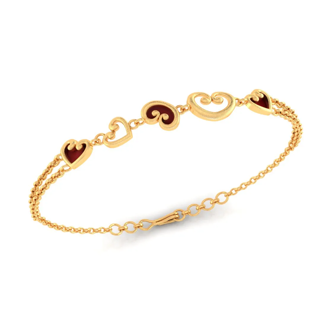 14k  Filled Multiple Maroon Hearts Gold   Bracelet