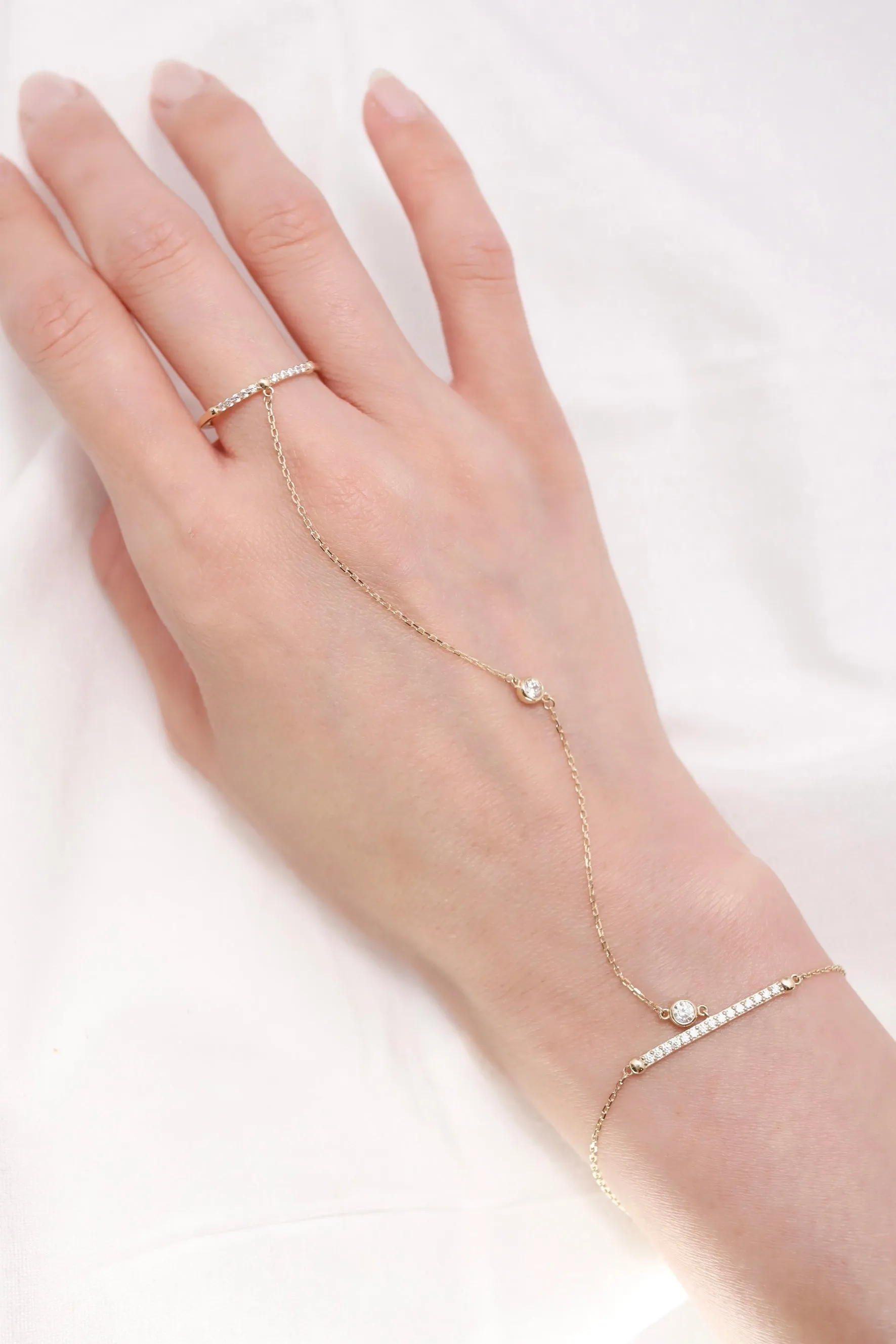 14K Solid Gold Ring Hand Chain Bracelet