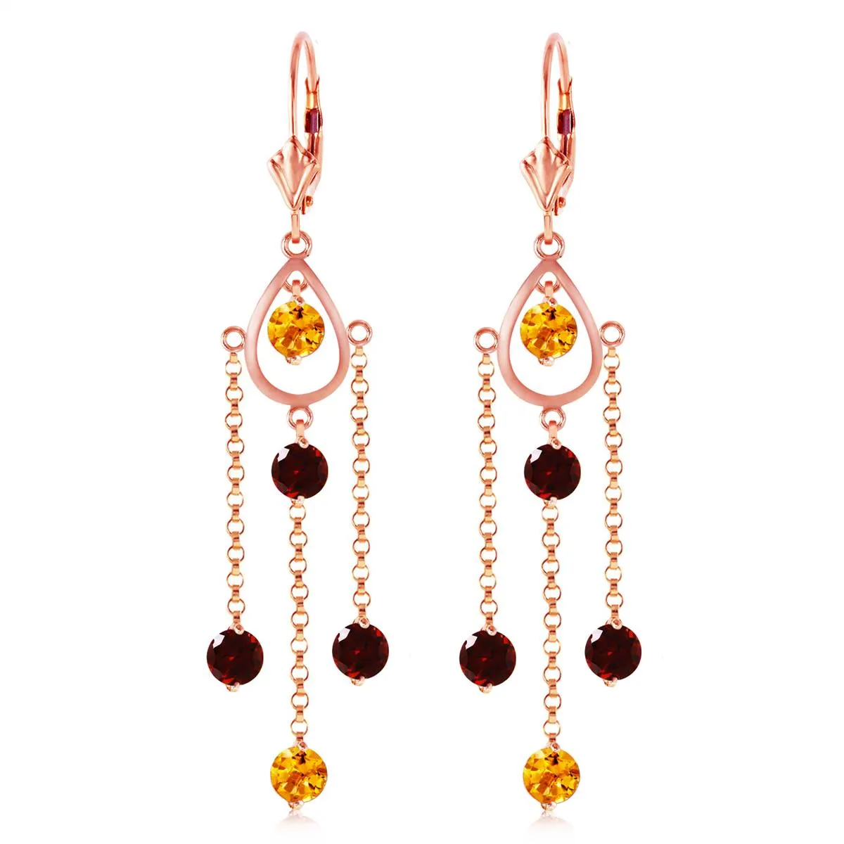 14K Solid Rose Gold Chandelier Citrine & Garnet Earrings