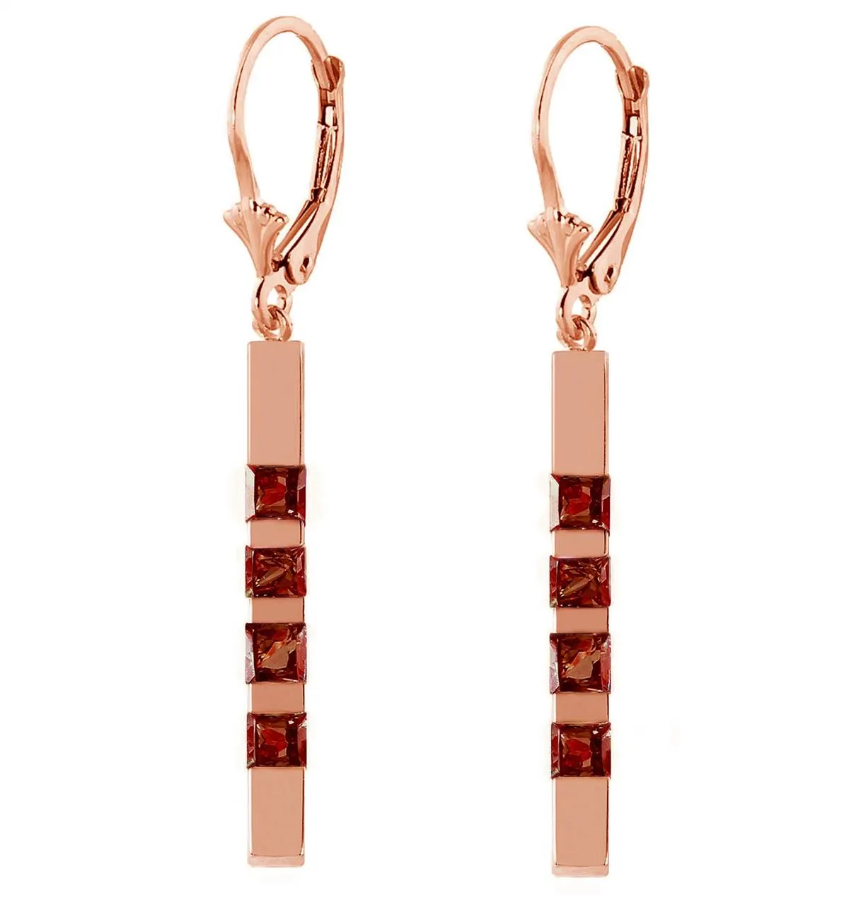 14K Solid Rose Gold Leverback Earrings Bar w/ Natural Garnets