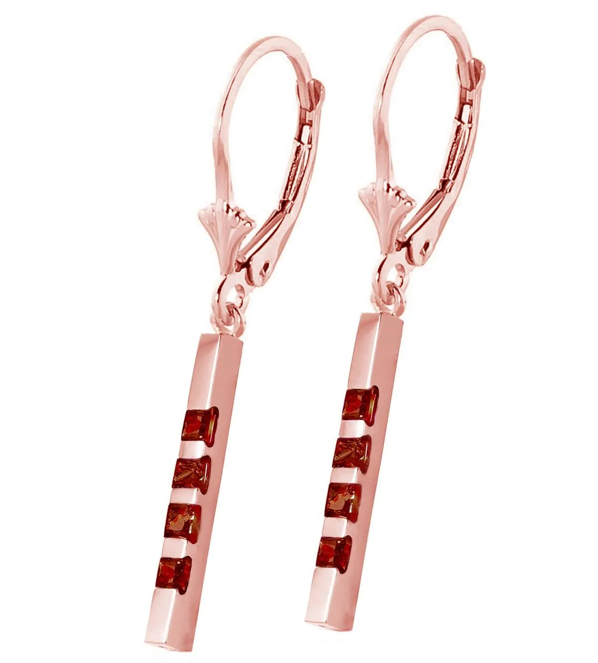 14K Solid Rose Gold Leverback Earrings Bar w/ Natural Garnets