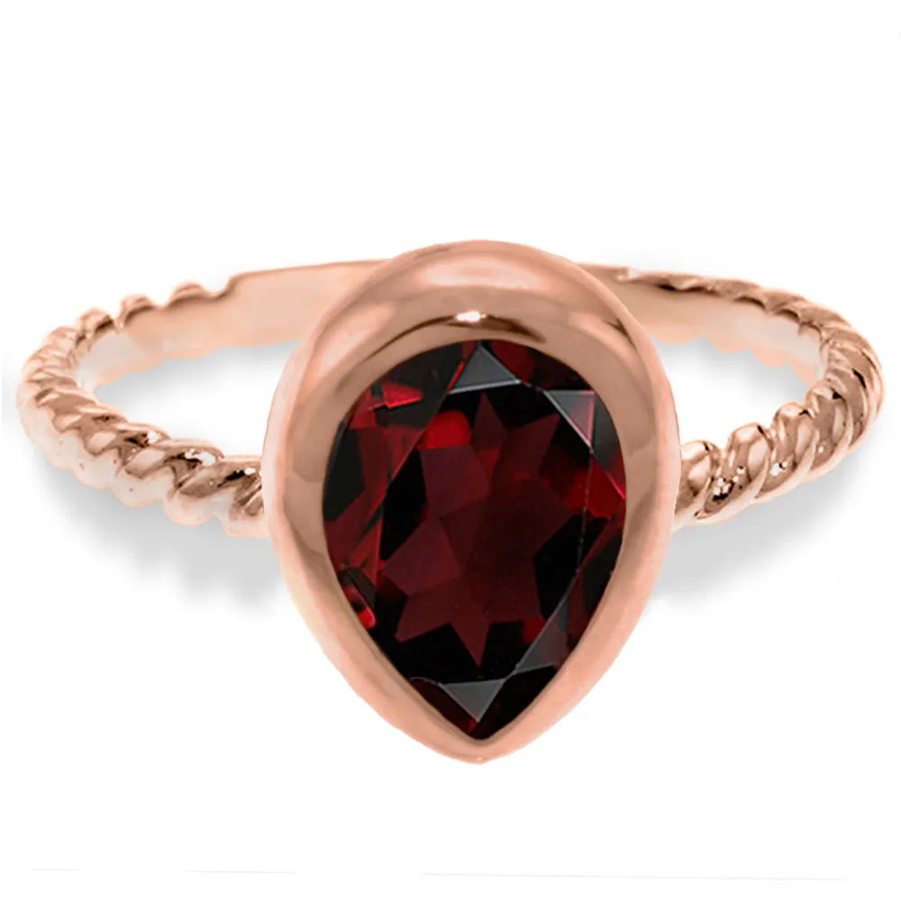 14K Solid Rose Gold Rings w/ Natural Pear Shape Garnet