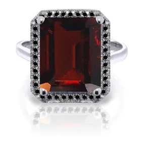 14K Solid White Gold Ring w/ Natural Black Diamonds & Garnet