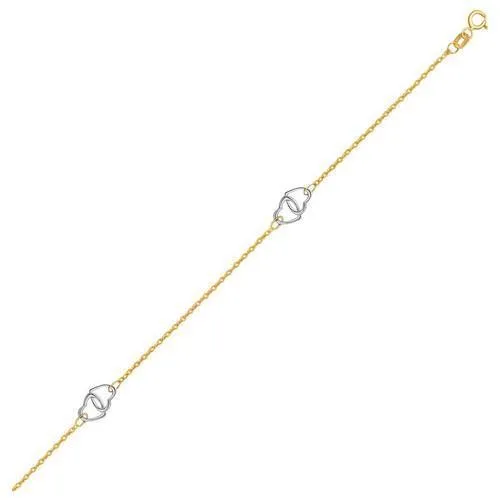 14k Two Tone Gold Entwined Heart Stationed Anklet, size 10''