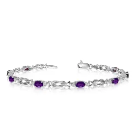 14K White Gold Oval Amethyst Stones And Diamonds Tennis Bracelet, 7"