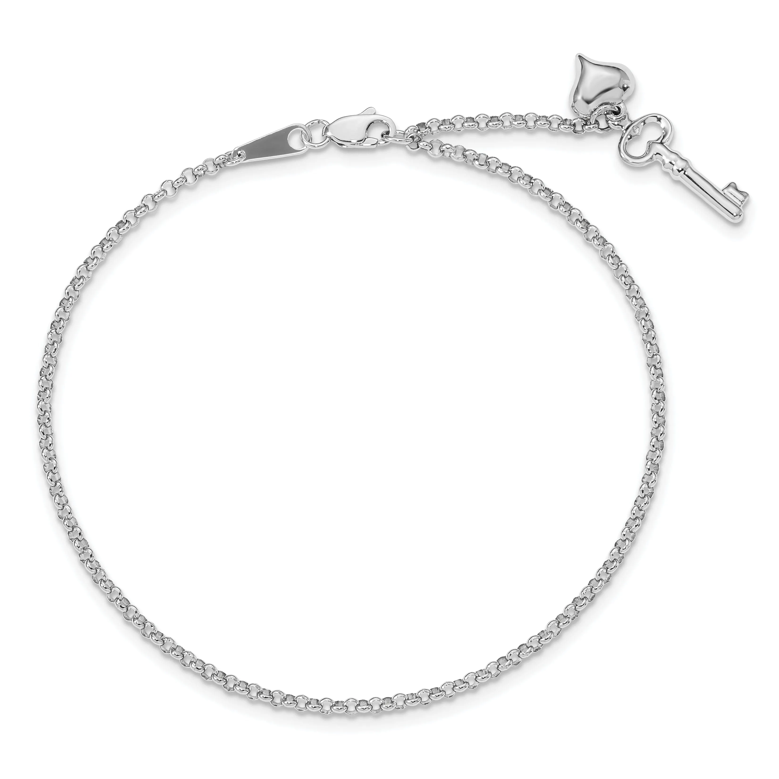 14k White Gold Polished Puffed Heart Key Anklet