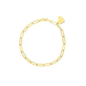 14K Yellow Gold Dangle Heart Paper Clip Bracelet