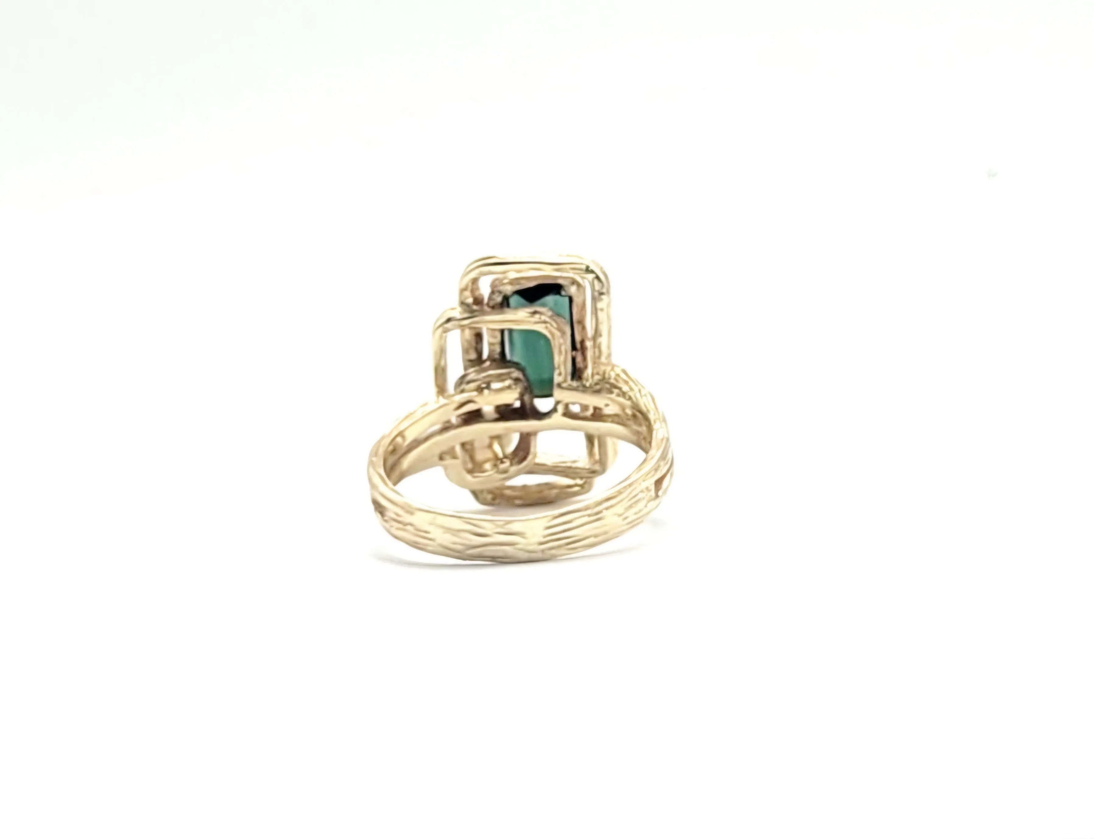 14k Yellow Gold Green Tourmaline and Pearl Double Rectangle Bark Ring