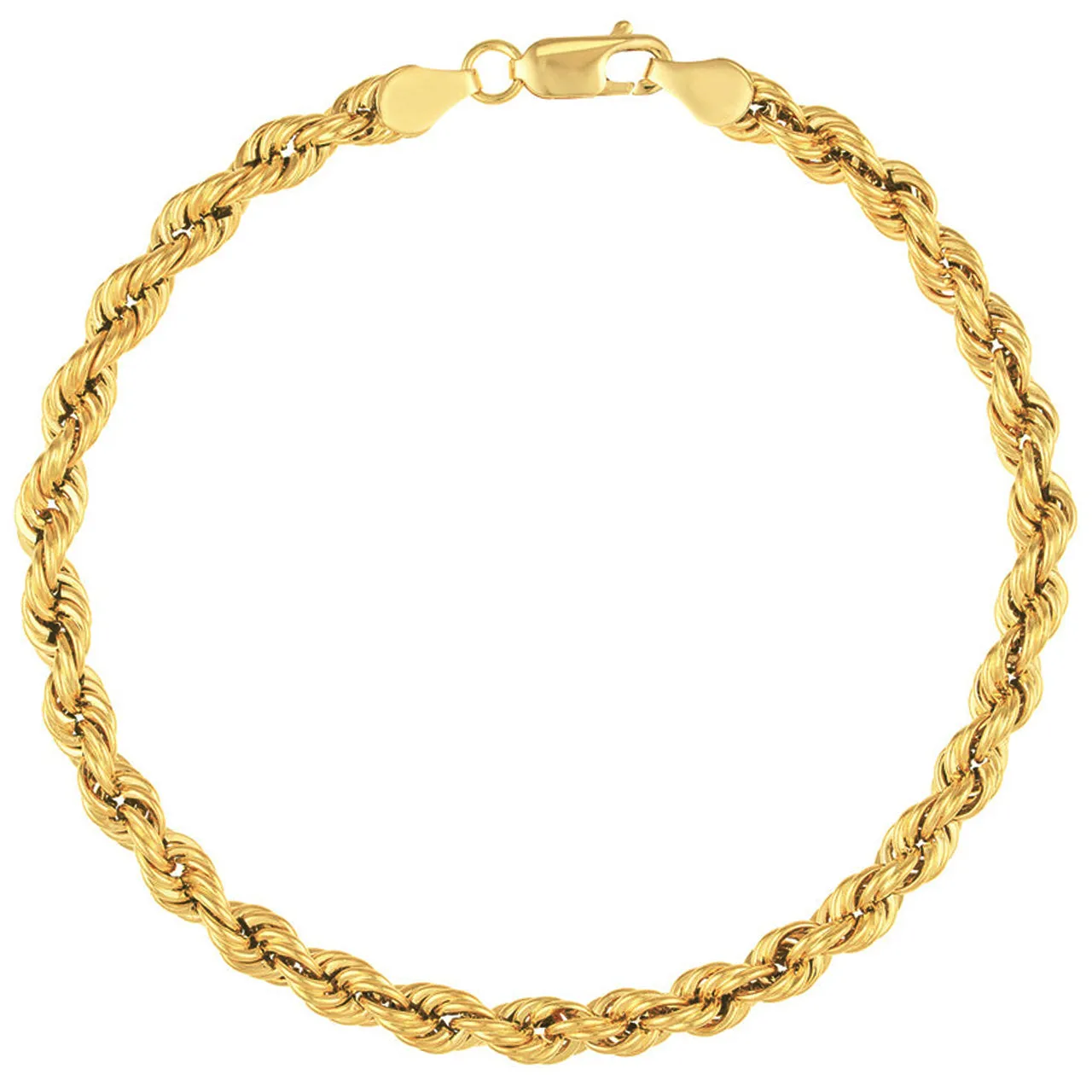 14k Yellow Gold Hollow 6mm Rope Chain Bracelet with Lobster Lock - Light Rope Chain Bracelet with Diamond Cut