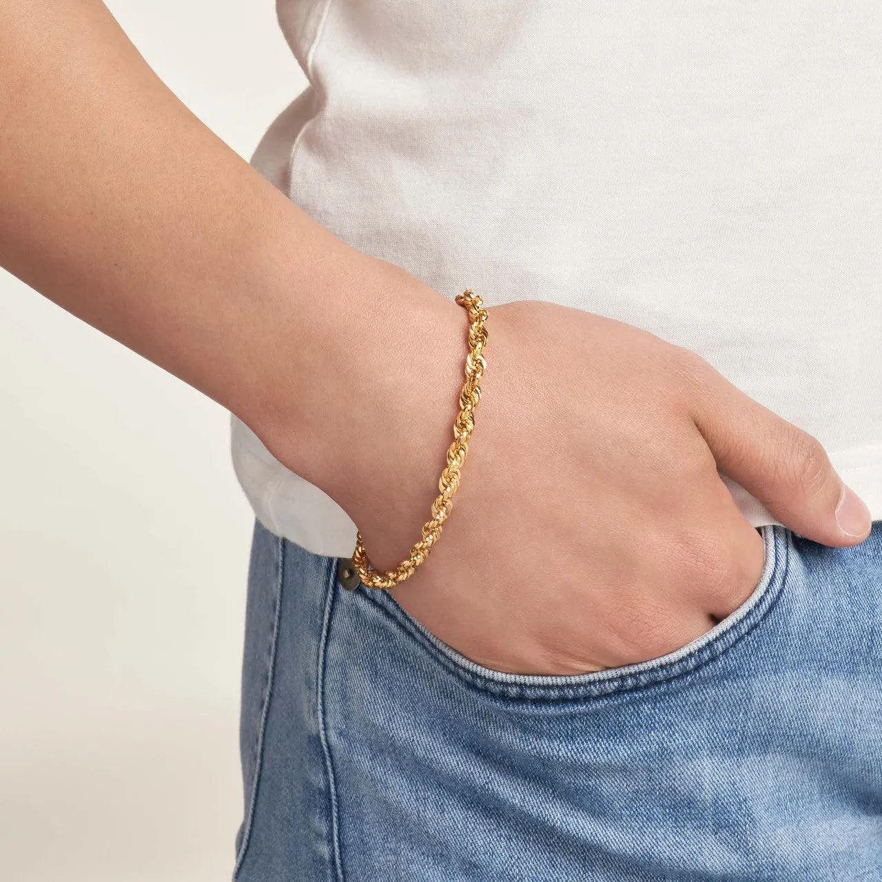 14k Yellow Gold Hollow 6mm Rope Chain Bracelet with Lobster Lock - Light Rope Chain Bracelet with Diamond Cut