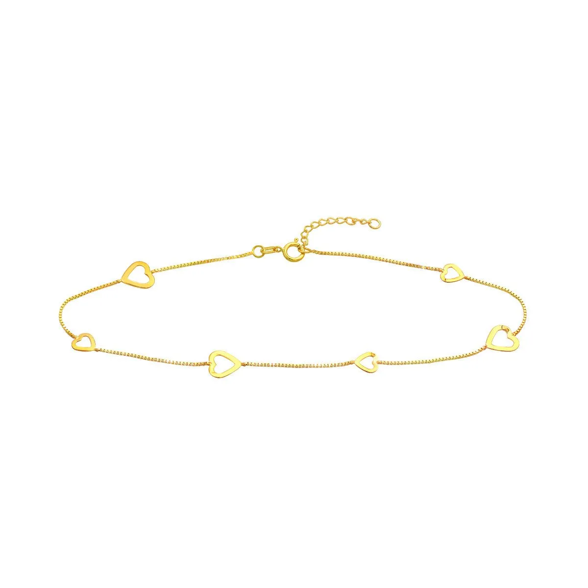 14K Yellow Gold Sideways Open Hearts Adjustable Anklet