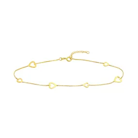 14K Yellow Gold Sideways Open Hearts Adjustable Anklet