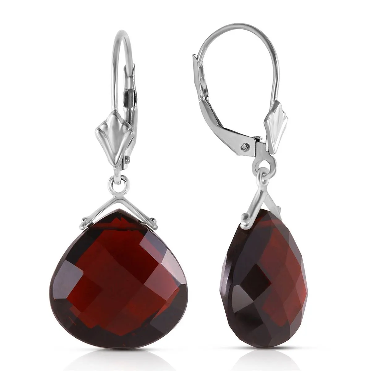 17 Carat 14K Solid White Gold Leverback Earrings Checkerboard Cut Garnet