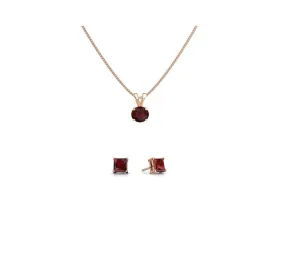 18K Rose Gold 2ct Garnet Round 18 Inch Necklace and Square Earrings Set Plated