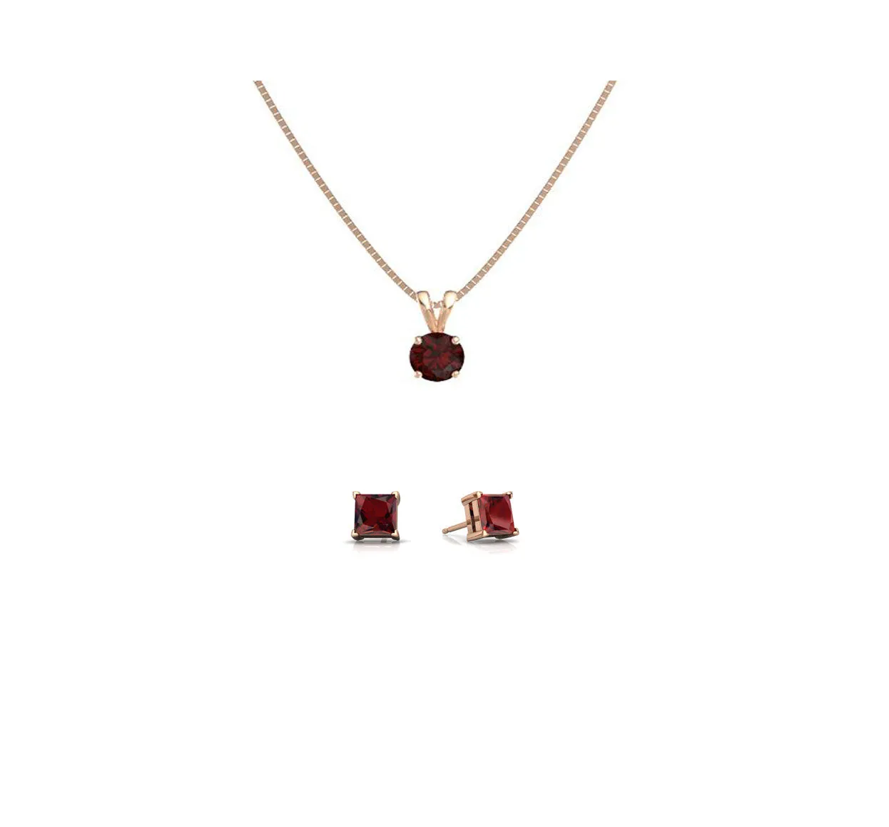 18K Rose Gold 2ct Garnet Round 18 Inch Necklace and Square Earrings Set Plated