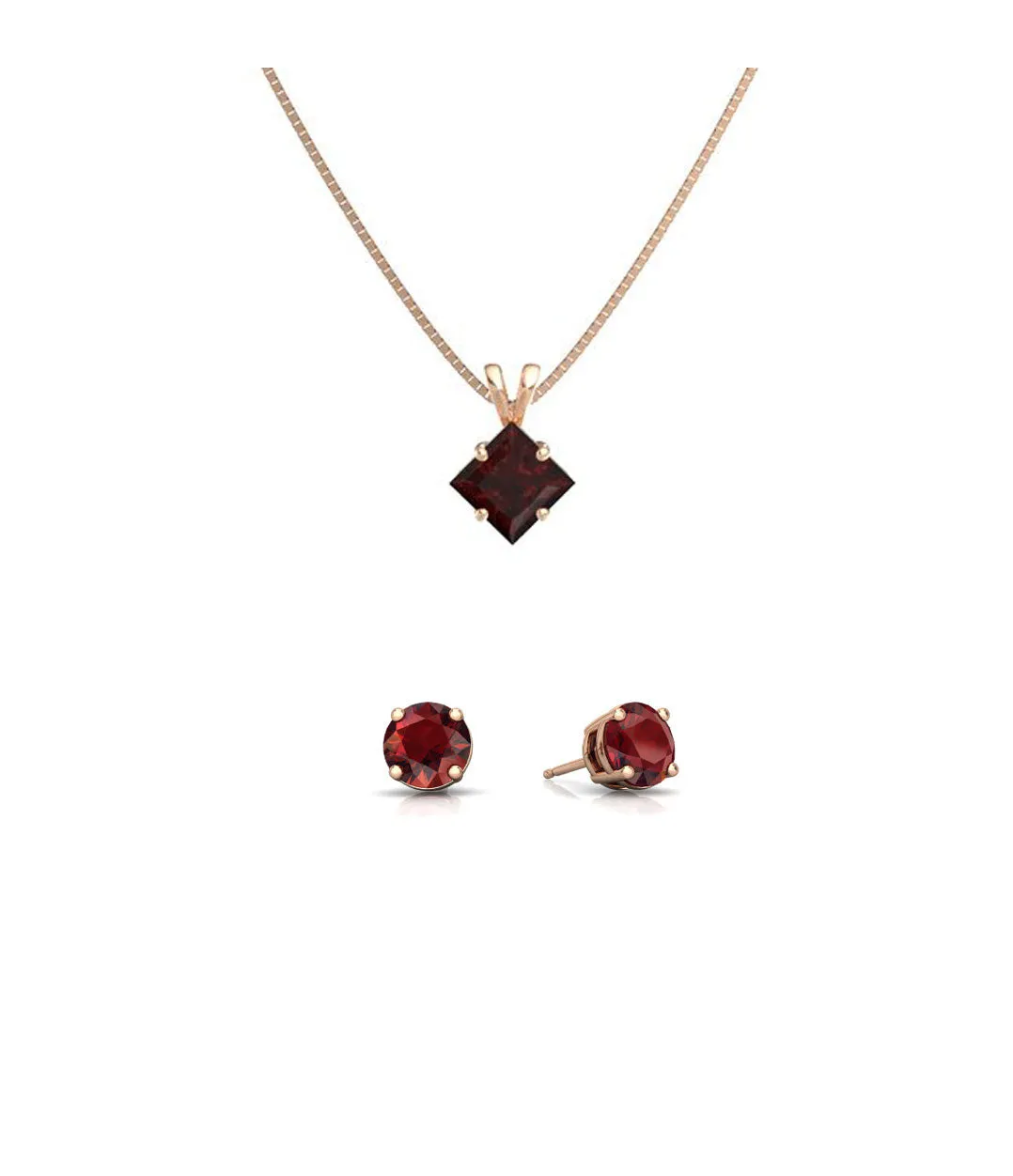 18K Rose Gold 4ct Garnet Princess Cut 18 Inch Necklace and Round Earrings Set Plated