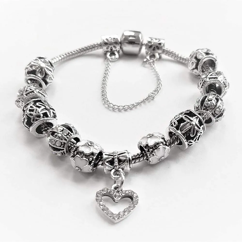 18K White Gold Plated Crystal Heart Charm Bracelet