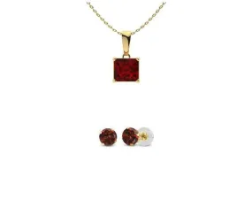 18K Yellow Gold 1/2ct Garnet Princess Cut 18 Inch Necklace and Round Earrings Set Plated