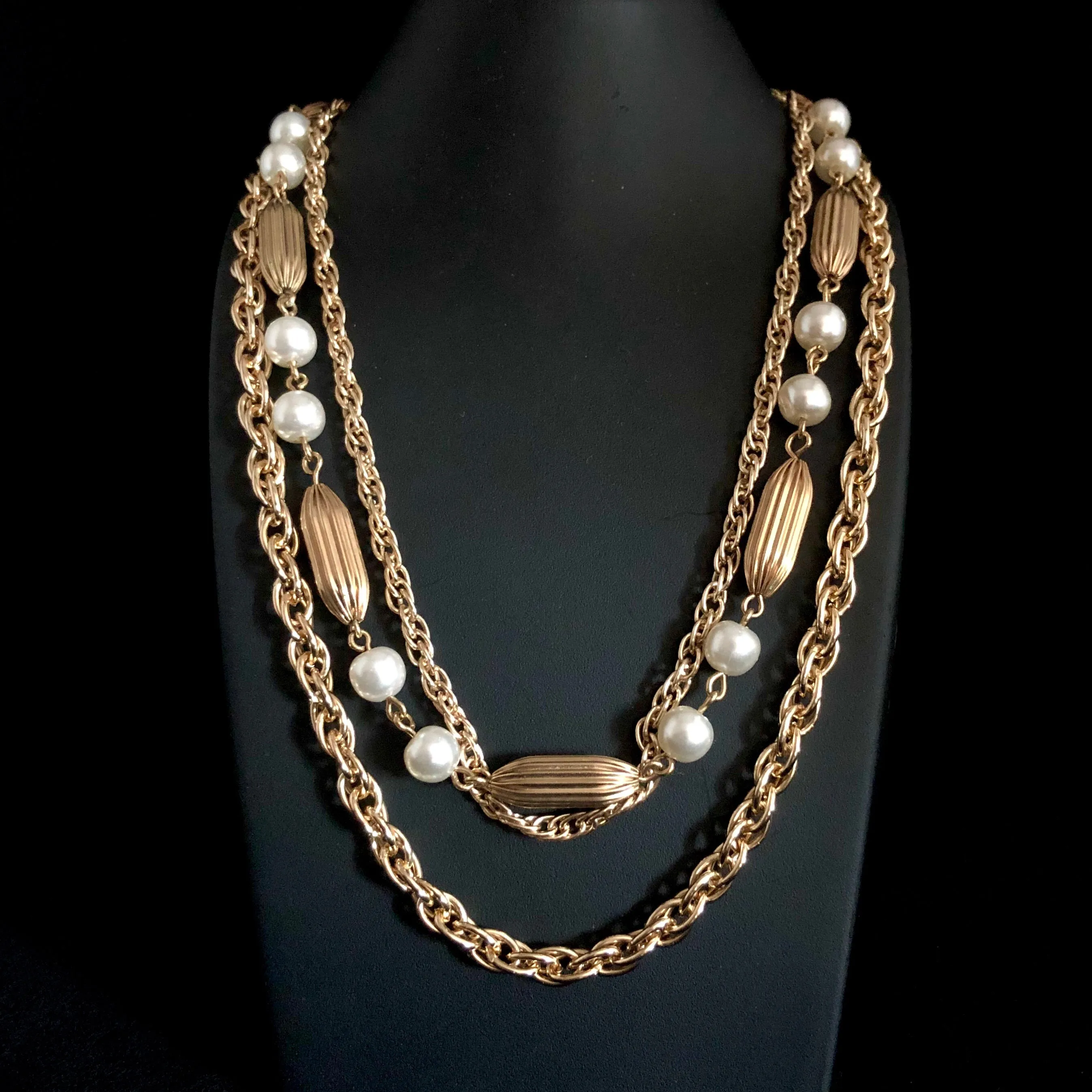 1960s Coro Gold & Pearl 3 Strand Necklace