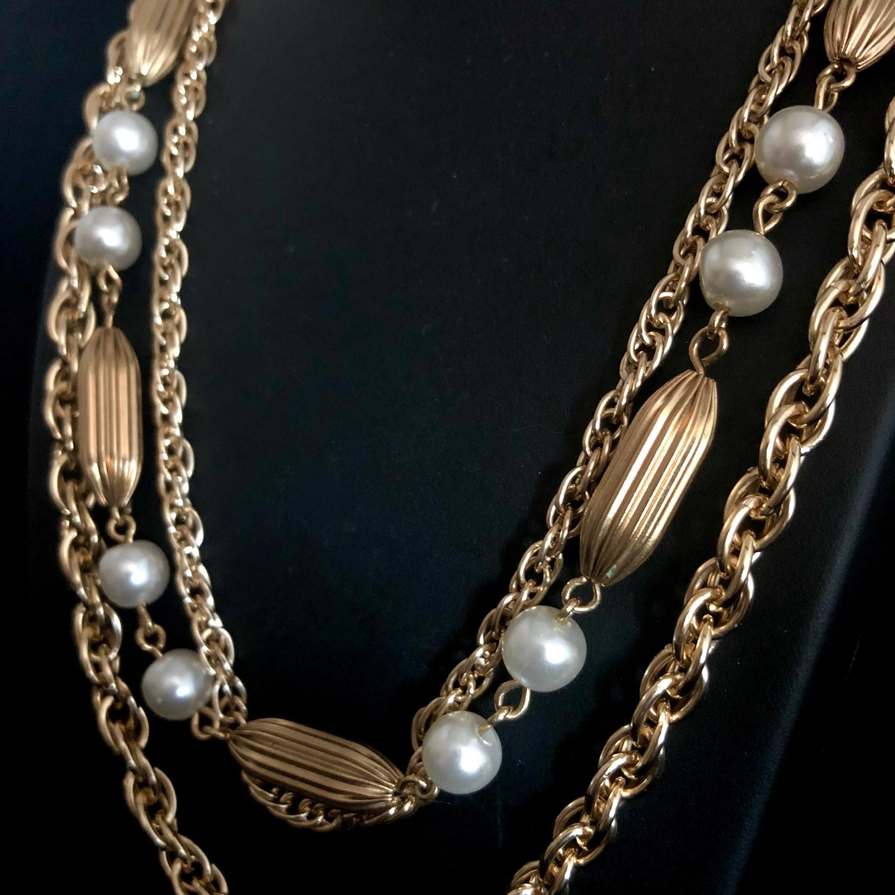 1960s Coro Gold & Pearl 3 Strand Necklace