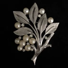 1960s Crown Trifari Pearl & Rhinestone Leaf Brooch