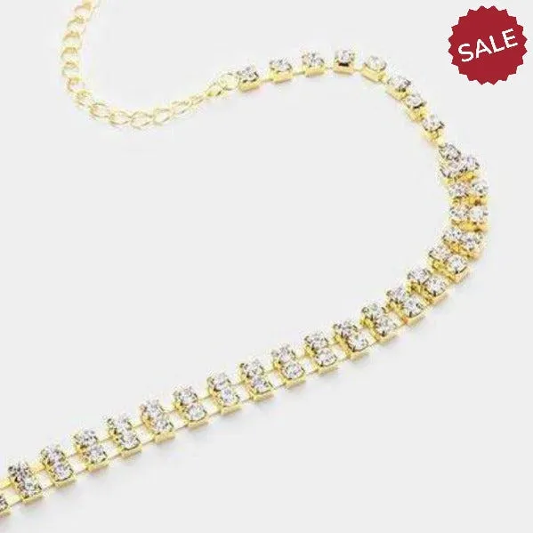 2-Row Clear Rhinestone Gold Choker Necklace & Earring Set