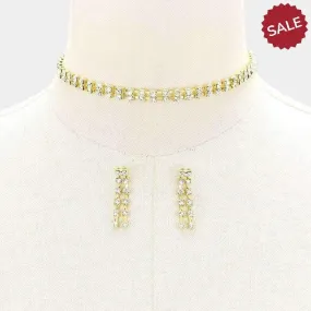 2-Row Clear Rhinestone Gold Choker Necklace & Earring Set