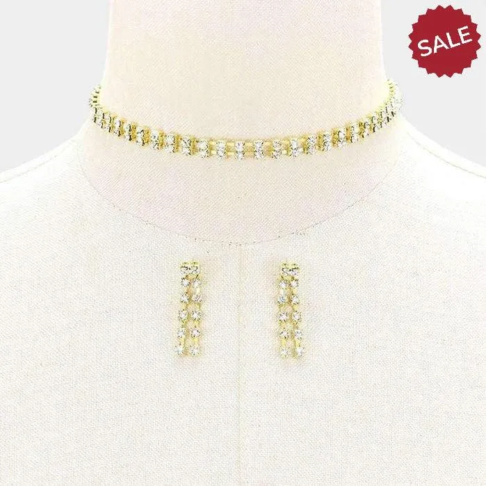 2-Row Clear Rhinestone Gold Choker Necklace & Earring Set