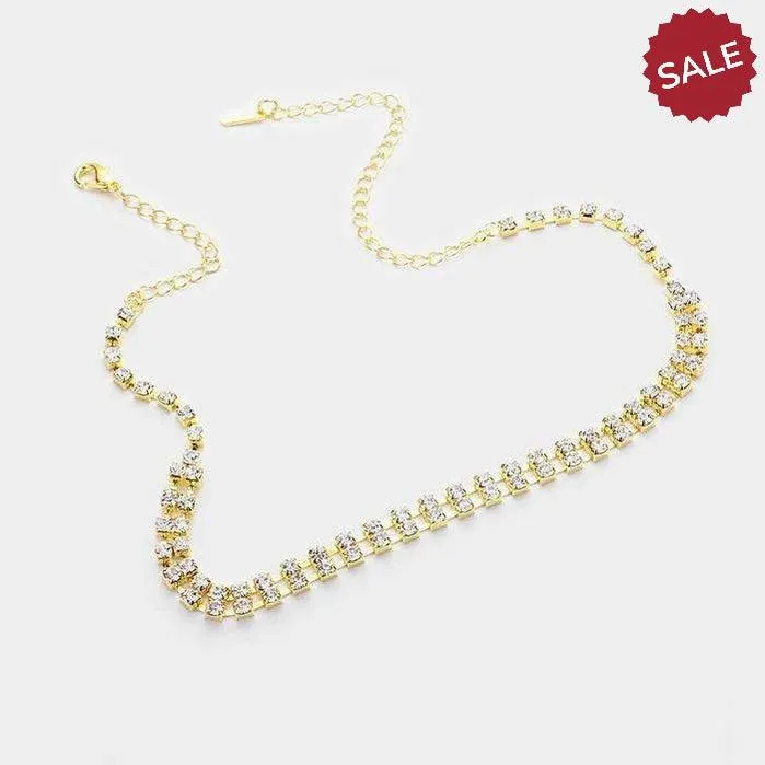 2-Row Clear Rhinestone Gold Choker Necklace & Earring Set