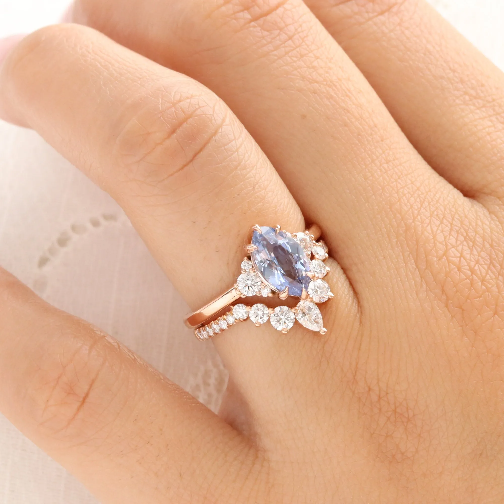 2.13 Ct Marquise Aqua Blue Sapphire Ring in 14k Rose Gold 3 Stone Diamond Size 6.75