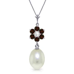 4.53 Carat 14K Solid White Gold Necklace Natural Pearl, Garnet Diamond