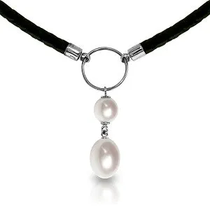 6 Carat 14K Solid White Gold Leather Necklace Natural Pearl