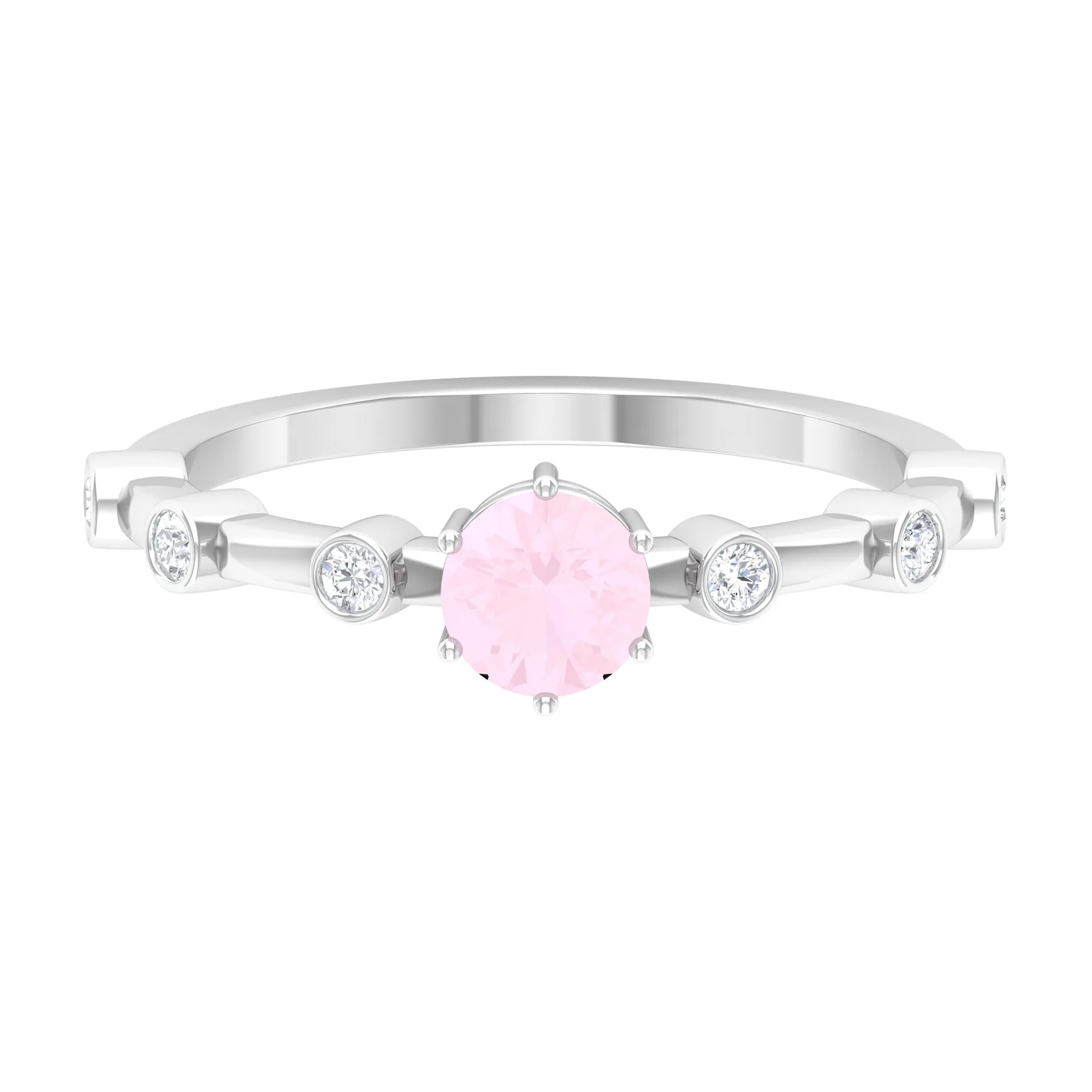 6 Prong Set Solitaire Rose Quartz Ring with Spaced Diamond