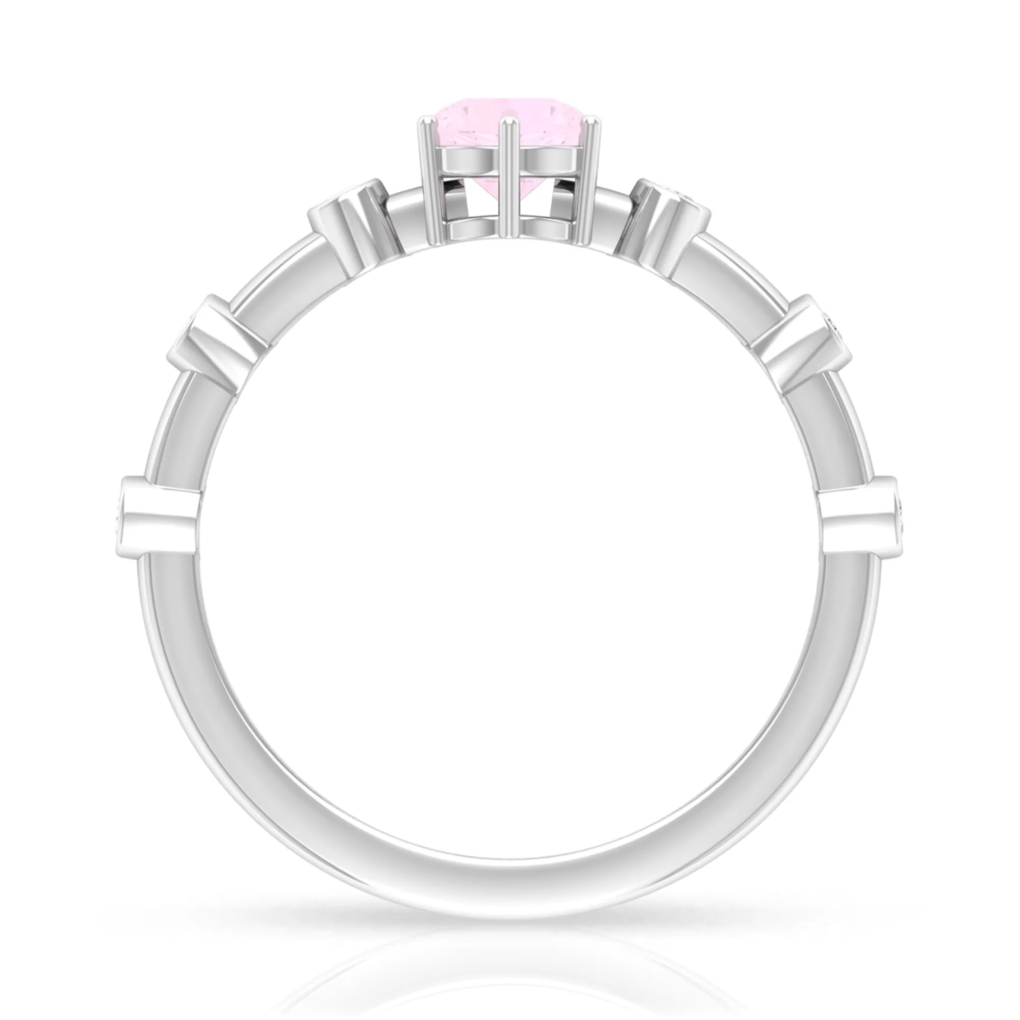 6 Prong Set Solitaire Rose Quartz Ring with Spaced Diamond