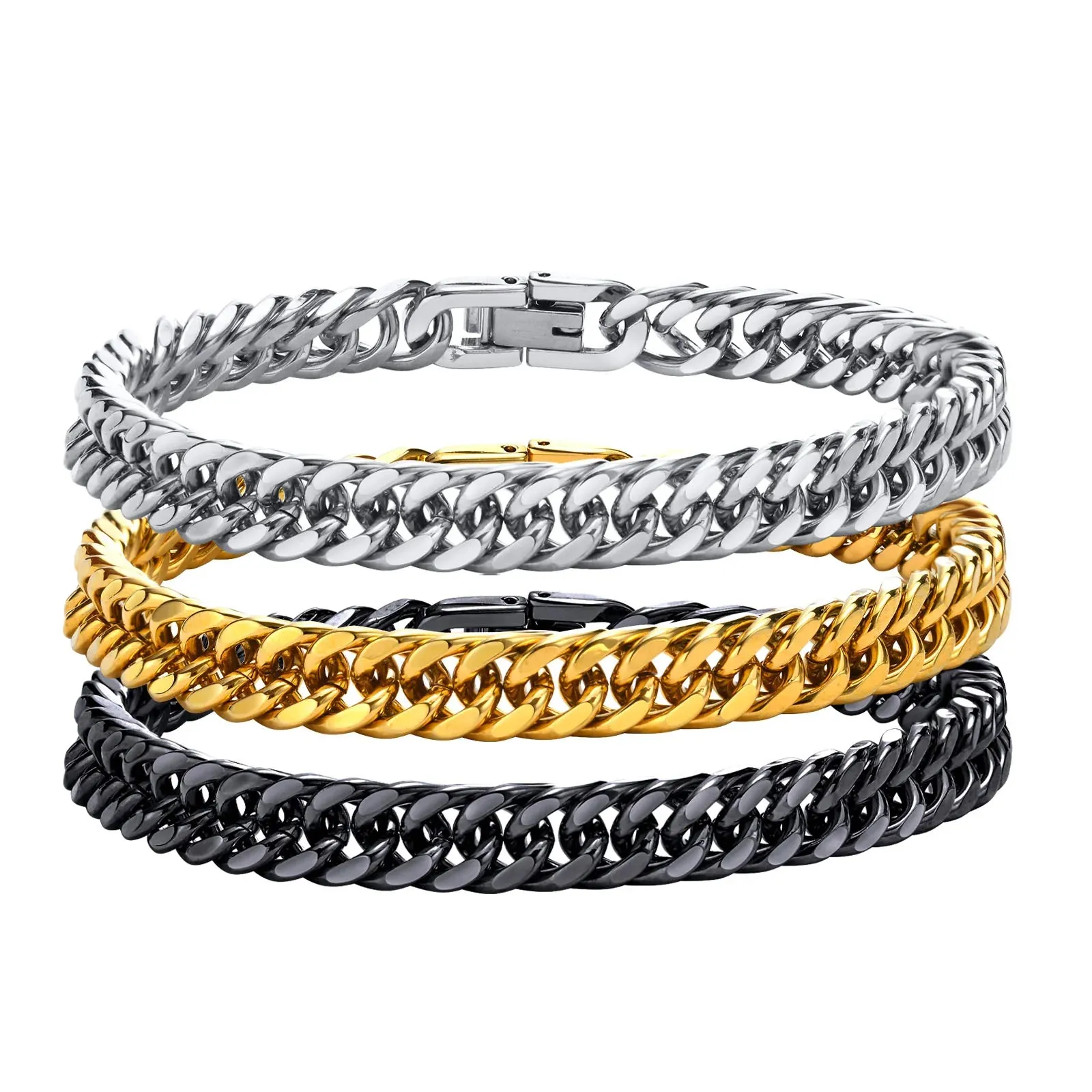 8/10/12/15mm Double Curb Chain Bracelet,Miami Curb Link Chain, Stainless Steel Curb Chain Bracelet for Men Women