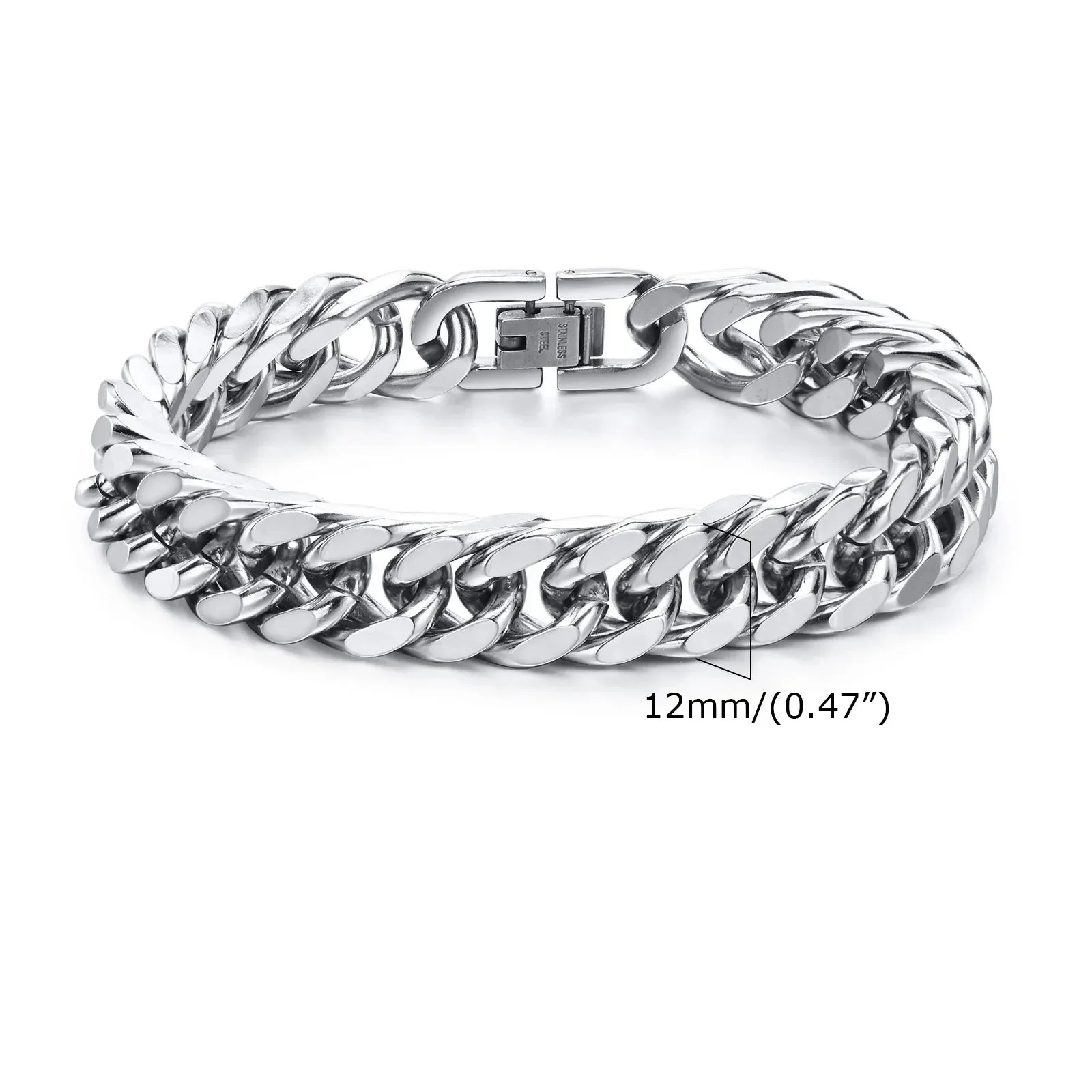 8/10/12/15mm Double Curb Chain Bracelet,Miami Curb Link Chain, Stainless Steel Curb Chain Bracelet for Men Women