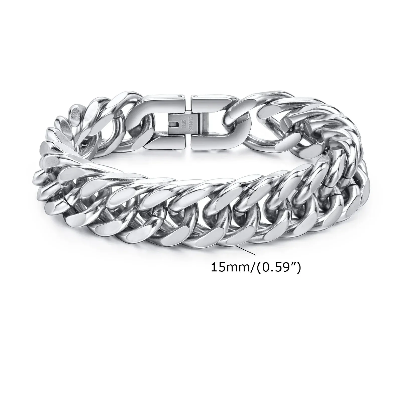 8/10/12/15mm Double Curb Chain Bracelet,Miami Curb Link Chain, Stainless Steel Curb Chain Bracelet for Men Women