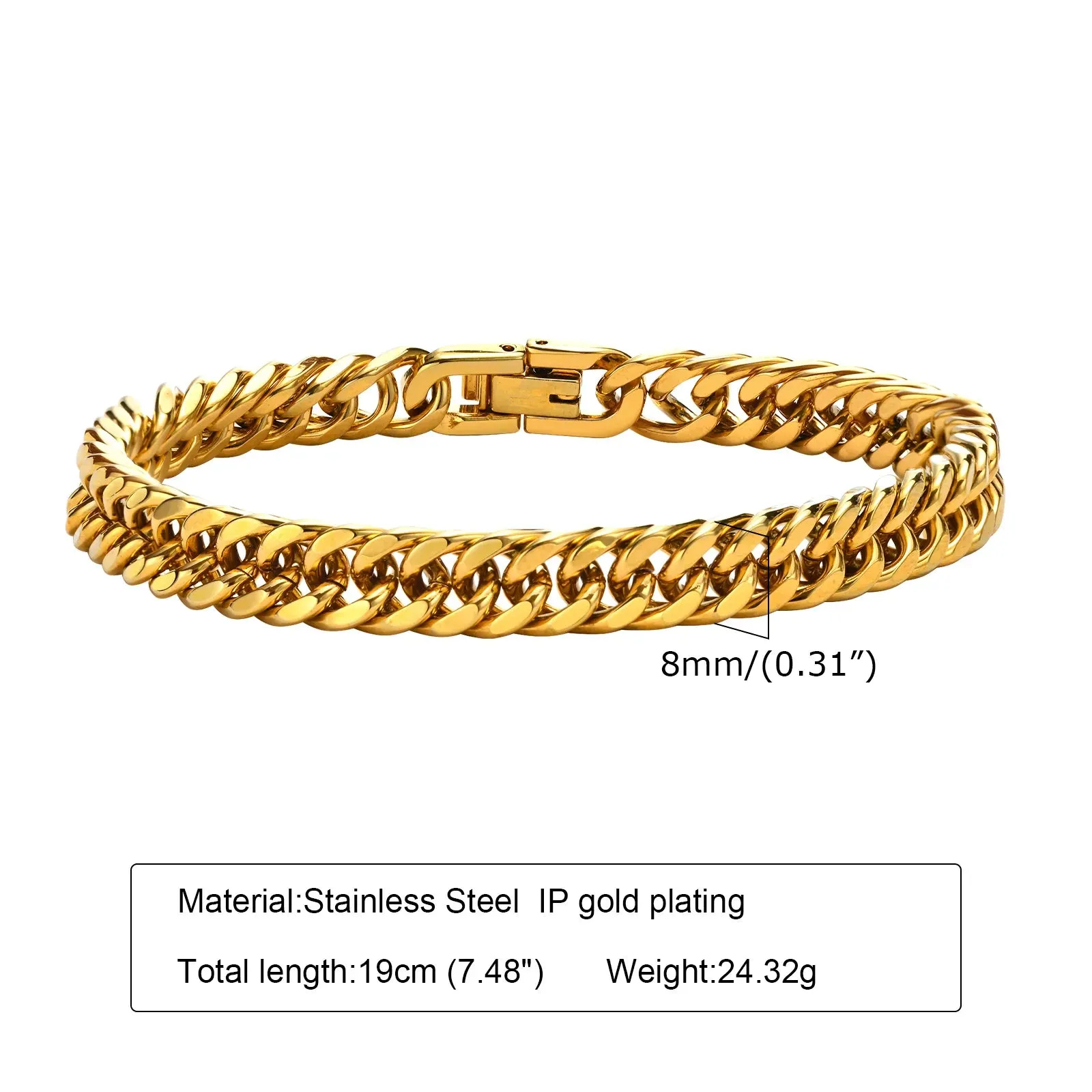 8/10/12/15mm Double Curb Chain Bracelet,Miami Curb Link Chain, Stainless Steel Curb Chain Bracelet for Men Women